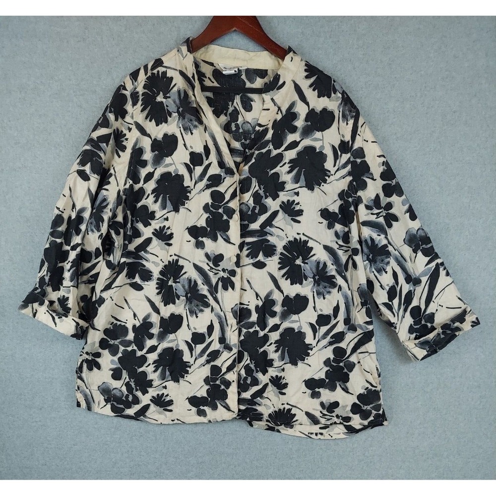 Alexandra Bartlett Sz 3x Beige Black Floral Linen 3/4 Sleeve Button Up Tunic